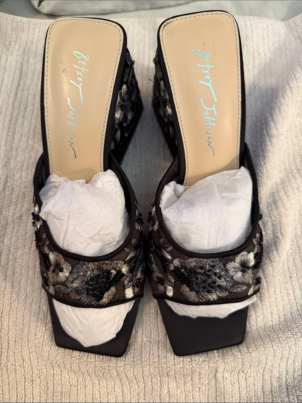 Betsey Johnson Black and Silver Floral Embroidered Mules